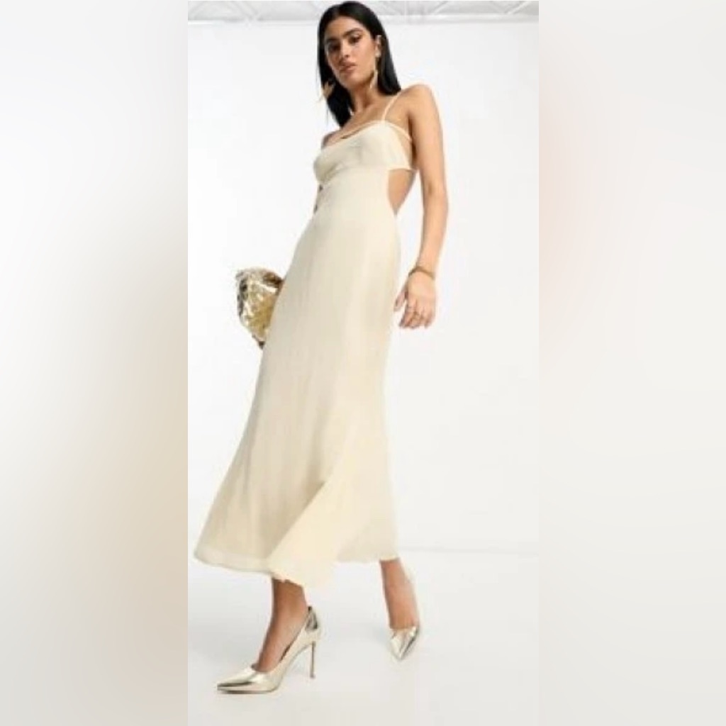 #301 Asos Design Elasticated Strappy Midi Dress With Open Back In Ivory-White